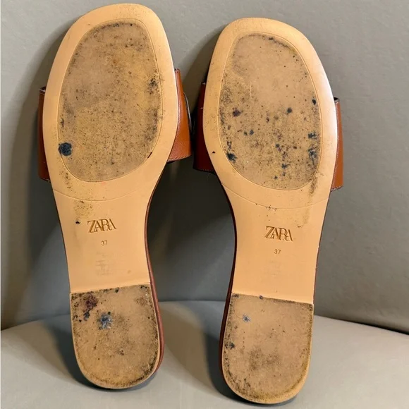 ZARA Raised Detail Brown Leather Slides. Size EU 37/US 6.5 - Picture 10 of 12